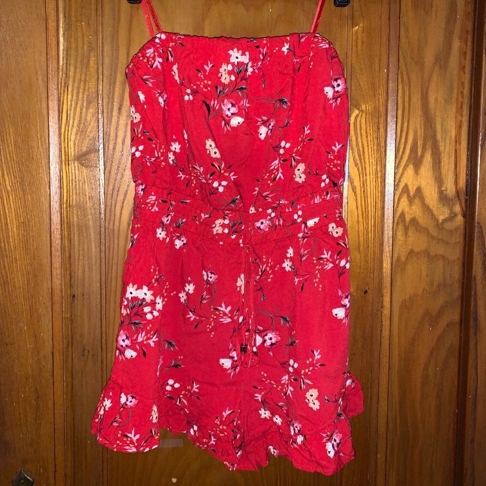 Strapless red floral romper